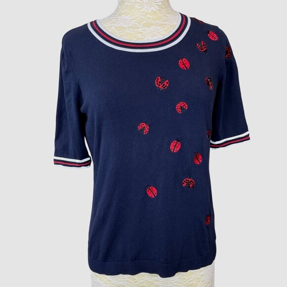 Oprah Magazine Collection For Talbots SS Embroidered Beaded Ladybug Sweater Med - Picture 1 of 8